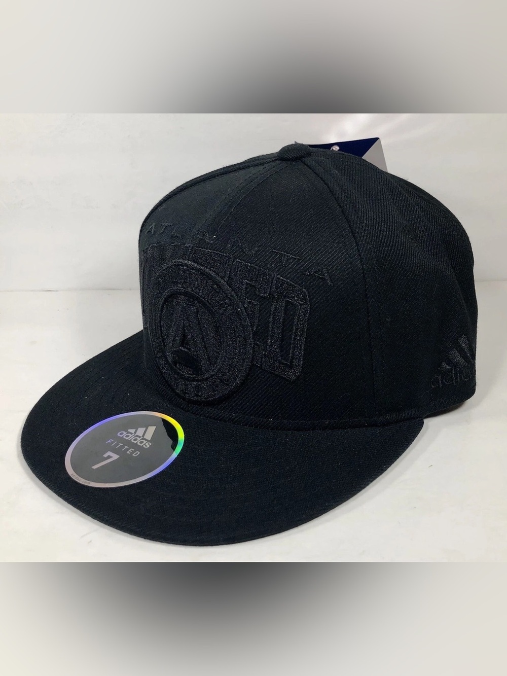 Atlanta United FC Adidas All Black Tonal Word Hat Cap Fitted Size 7 New NWT